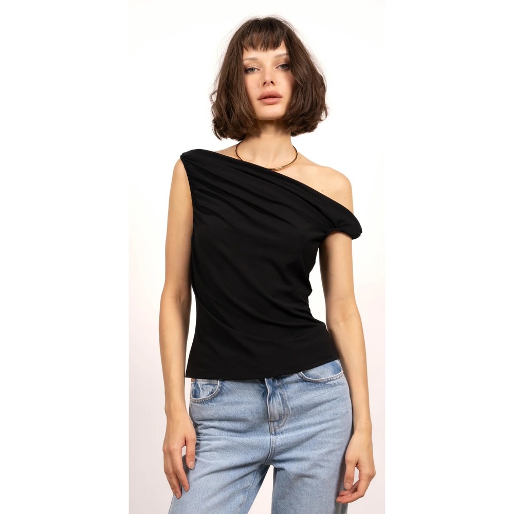 NWT Mila Central Park West Asymmetric One Shoulder Top Black Ruched Stretchy